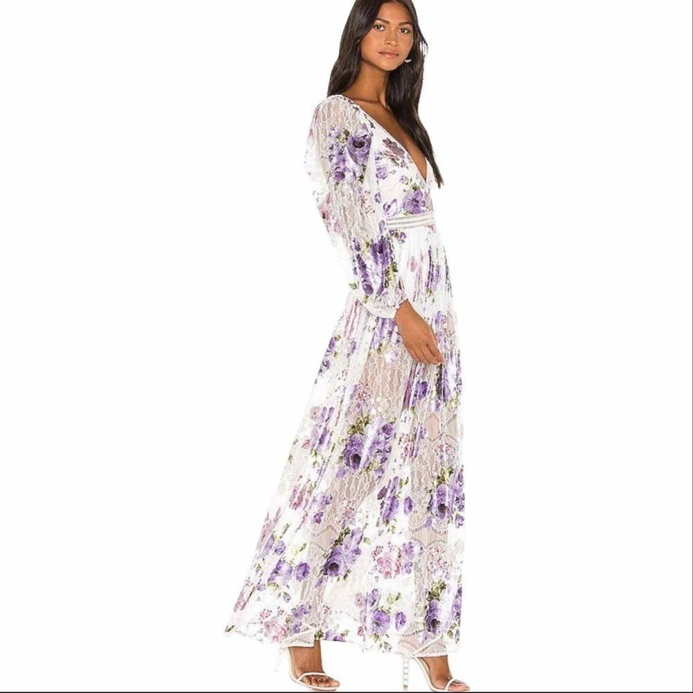 For Love & Lemons Wildflower Foil Lace Maxi Dress Lavender Size XS